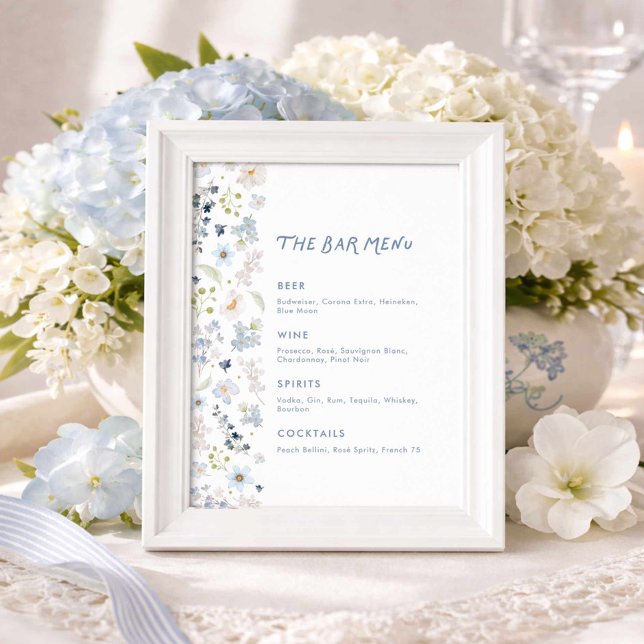 Blue Floral Garden Bridal Shower Bar Menu Poster (The Bar menu blue floral sign)