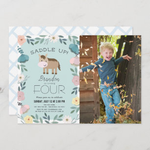 Blue Floral Garden Horse Boy Foto Geburtstag Einladung