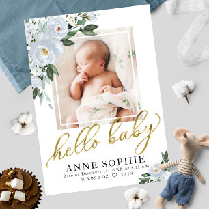 Blue Floral Geburtsankündigung & Dankeschön-Karte Einladung