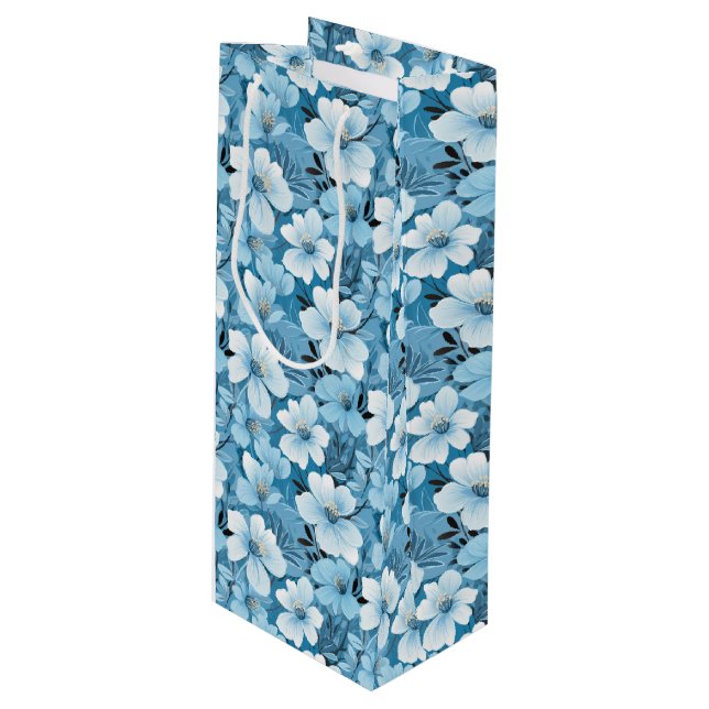 Blue Floral Gift Bag Geschenktüte Für Weinflaschen (Vorderseite Schrägansicht)