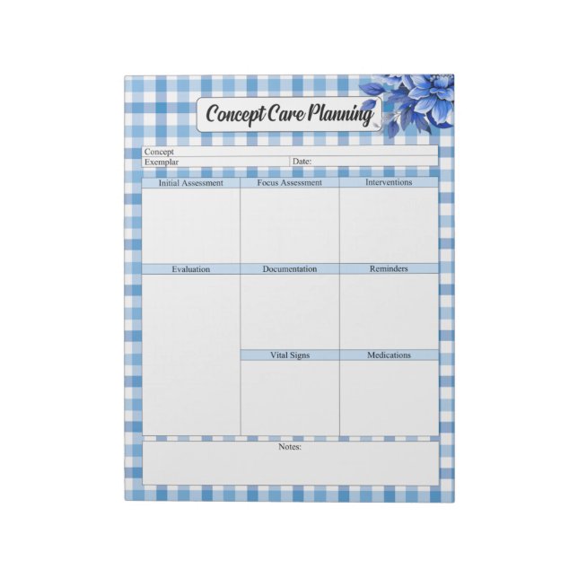 Blue Floral Gingham_Concept Care Planning Notizblock (Rotiert)