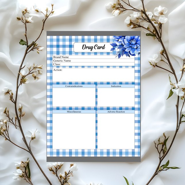 Blue Floral Gingham _Drug Card Notizblock (Von Creator hochgeladen)