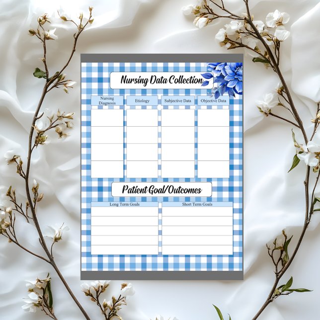 Blue Floral Gingham_ Pflege von Daten Notizblock (Von Creator hochgeladen)