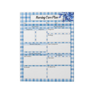 Blue Floral Gingham_ Pflegeplan Notizblock