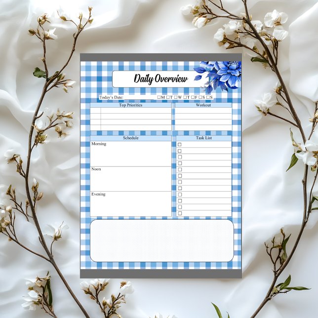 Blue Floral Gingham_ Tägliche Übersicht Notizblock (Von Creator hochgeladen)