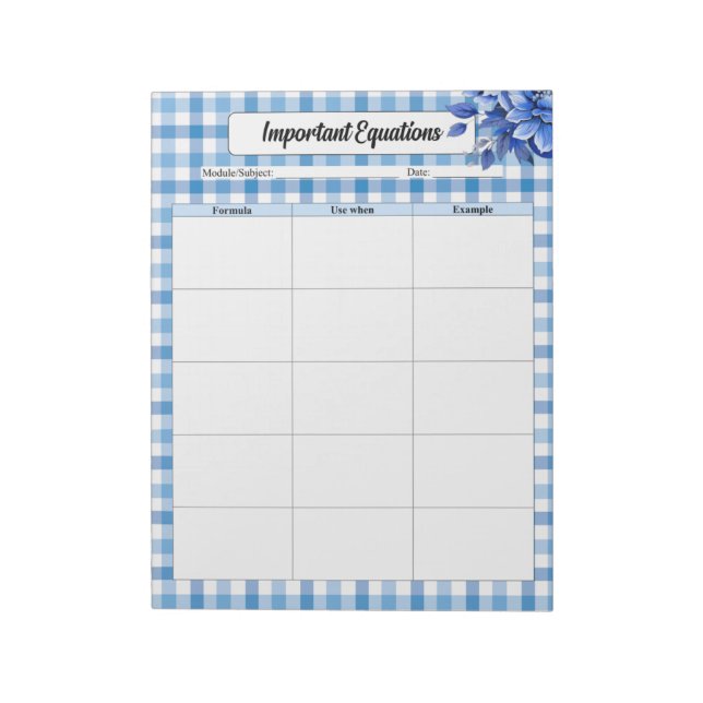 Blue Floral Gingham _ Wichtige Gleichungen Notizblock (Rotiert)