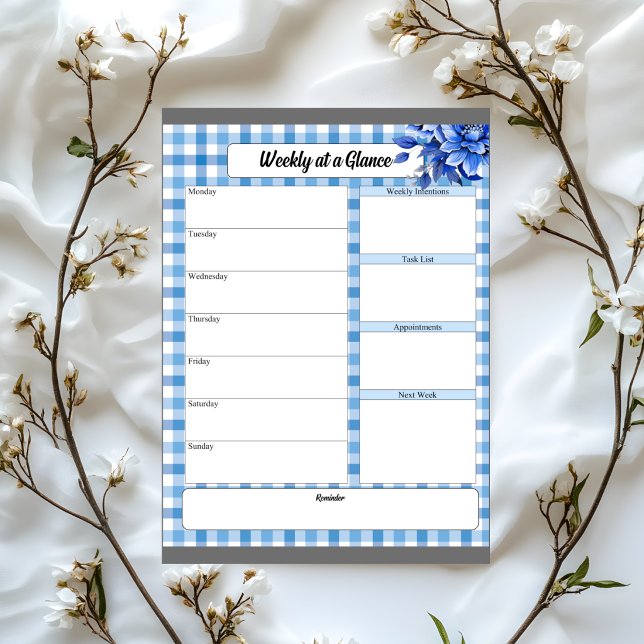 Blue Floral Gingham_ Woche auf einen Blick Notizblock (Von Creator hochgeladen)