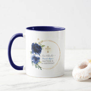 Blue Floral Gold Boy 1. Geburtstag Taufe Tasse