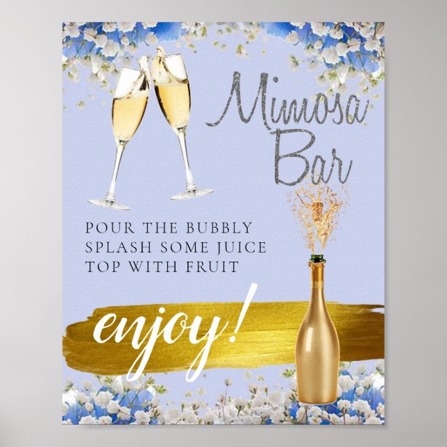 Blue Floral Gold Bridal Brunch Mimosa Bar Sign Poster (Vorne)