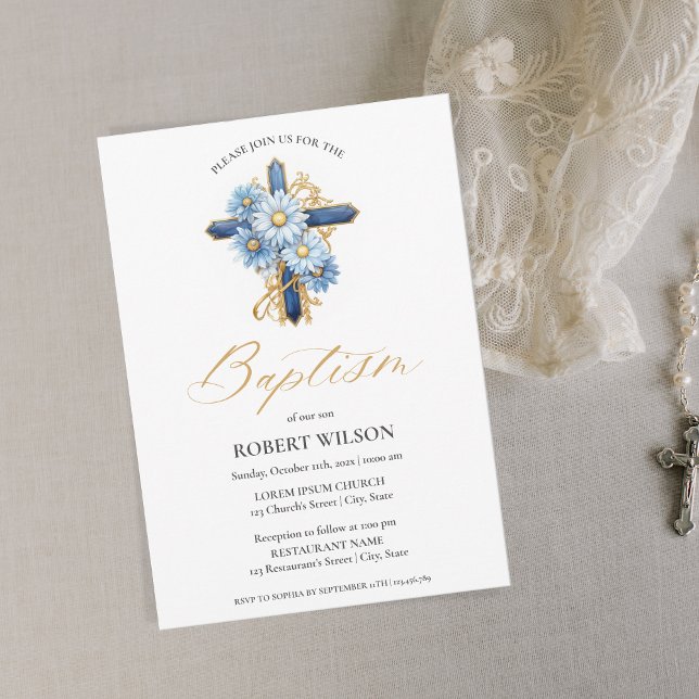 Blue Floral Gold Cross Boy Christening Taufe Einladung (Von Creator hochgeladen)