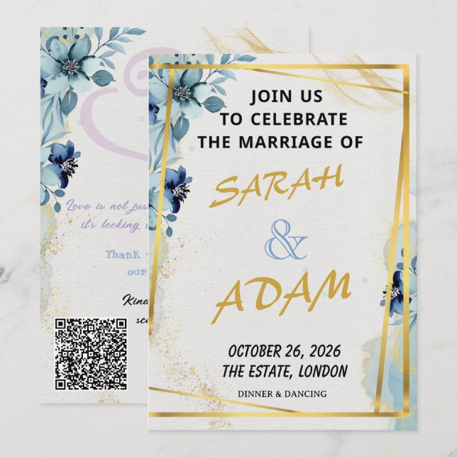 Blue Floral Gold Elegant Wedding Invitation Set Einladung (Vorne/Hinten)