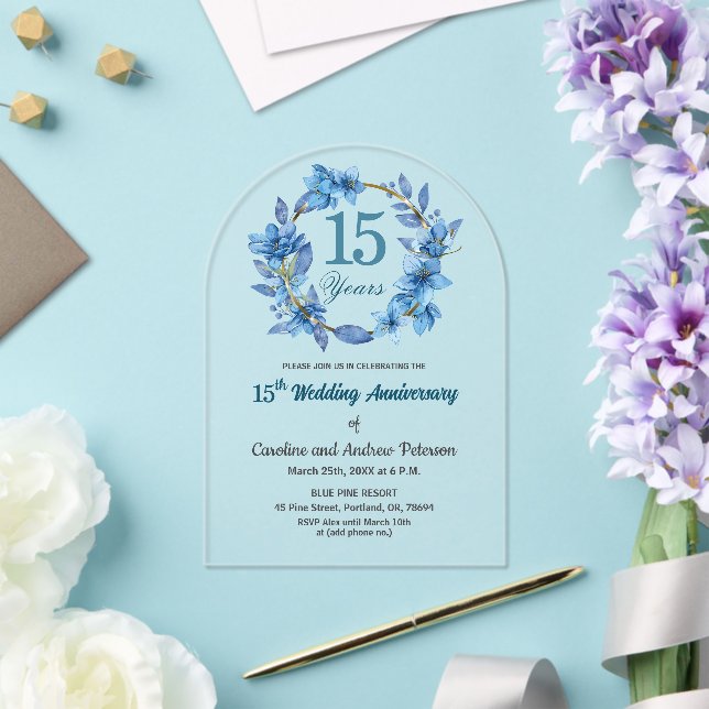  Blue Floral Gold Frame 15th Wedding Anniversary  Acryleinladungen (Insitu (Hochzeit))