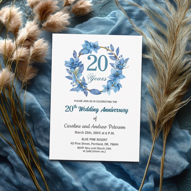  Blue Floral Gold Frame 20th Wedding Anniversary  Einladung (Von Creator hochgeladen)