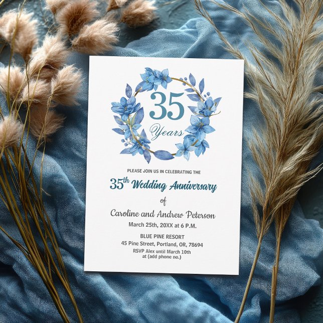  Blue Floral Gold Frame 35th Wedding Anniversary  Einladung (Von Creator hochgeladen)