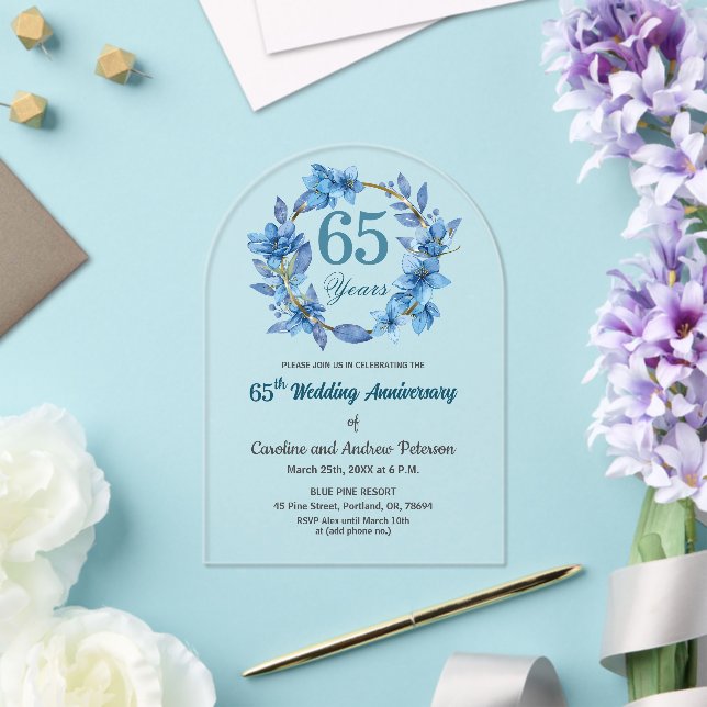  Blue Floral Gold Frame 65th Wedding Anniversary  Acryleinladungen (Insitu (Hochzeit))