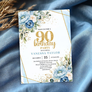Blue Floral Gold Frame Elegant 90th Birthday  Einladung