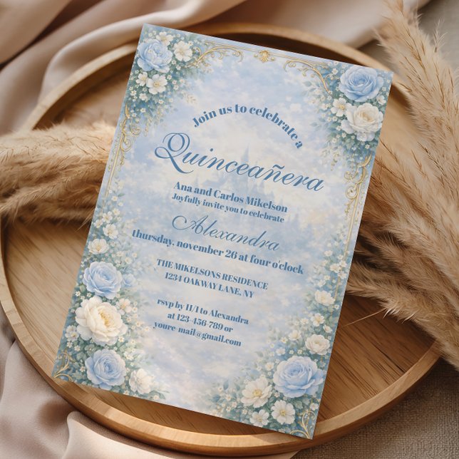 Blue Floral Gold Garden Quinceañera Einladung (Von Creator hochgeladen)