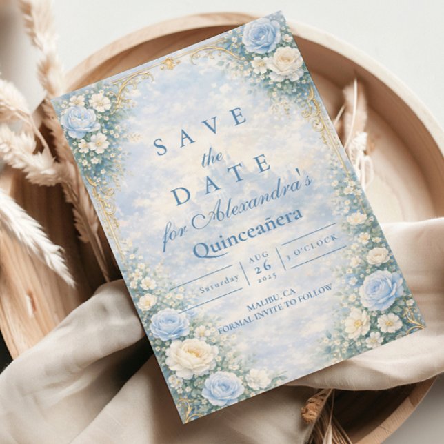 Blue Floral Gold Garden Quinceañera Save The Date (Von Creator hochgeladen)