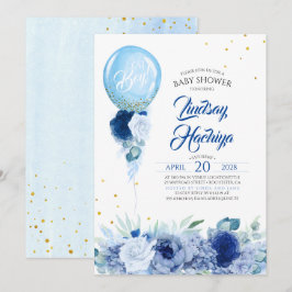 Blue Floral Gold Glitzer Balloon Baby Dusche Einladung