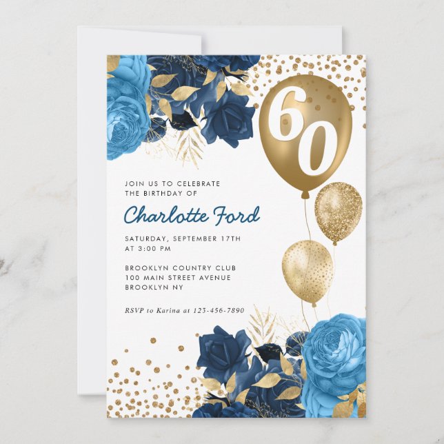 Blue Floral Gold Glitzer Balloons Geburtstag Einladung (Vorderseite)
