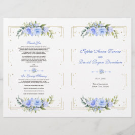 Blue Floral Gold Glitzer Frame Wedding Program Flyer