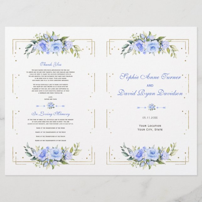 Blue Floral Gold Glitzer Frame Wedding Program Flyer (Vorne)