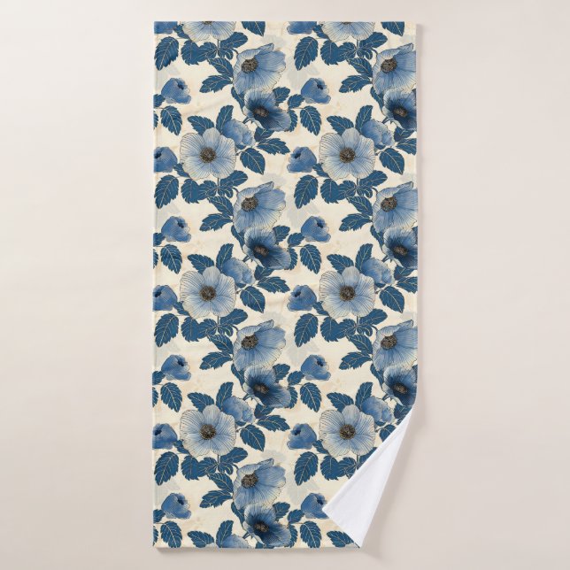 Blue Floral Gold Glitzer Japanisch Ukiyo-e Badehandtuch (Badehandtuch)
