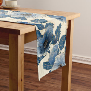 Blue Floral Gold Glitzer Japanisch Ukiyo-e Großer Tischläufer