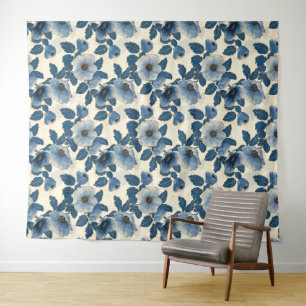 Blue Floral Gold Glitzer Japanisch Ukiyo-e Wandteppich
