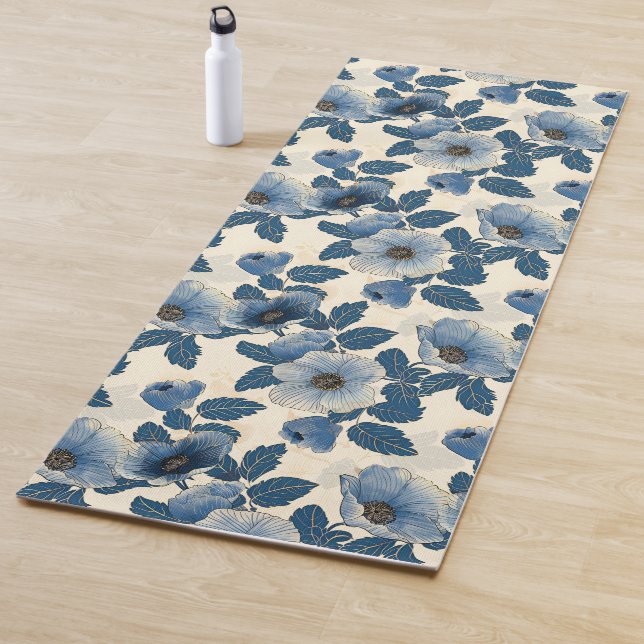 Blue Floral Gold Glitzer Japanisch Ukiyo-e Yogamatte (Beispiel)