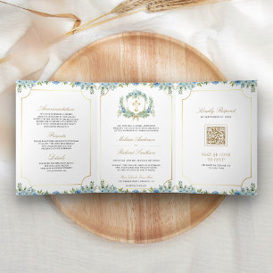 Blue Floral Gold Katholischer Cross QR Code Hochze Dreifach Gefaltete Einladung