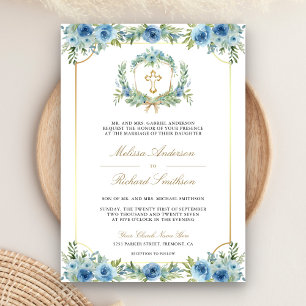 Blue Floral Gold Katholischer Cross QR Code Hochze Einladung