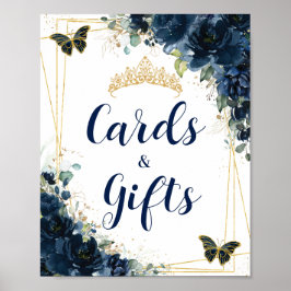 Blue Floral Gold Quinceañera Karten und Geschenke Poster