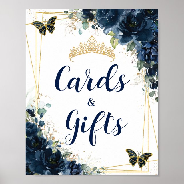 Blue Floral Gold Quinceañera Karten und Geschenke Poster (Vorne)