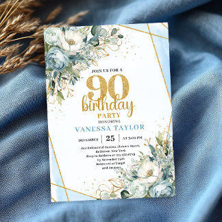 Blue Floral Gold Shine 90th Birthday Invite Card Einladung