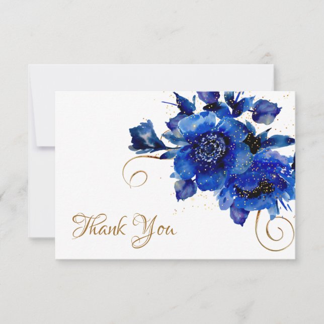 Blue Floral Gold Swirl Hochzeit Vielen Dank Dankeskarte (Vorderseite)