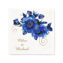 Blue Floral Gold Swirl Wedding Napkins