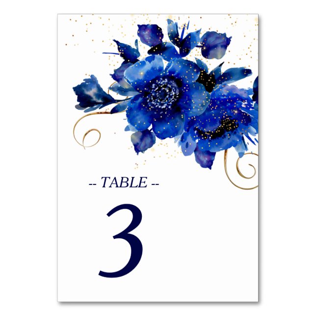 Blue Floral Gold Swirl Wedding Tischnummer (Vorderseite)