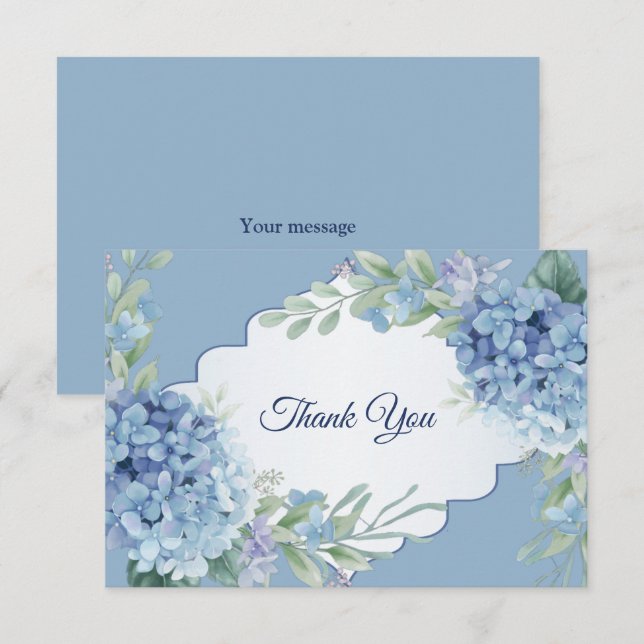 Blue Floral Green Leaves Frame Elegant Wedding Dankeskarte (Vorne/Hinten)