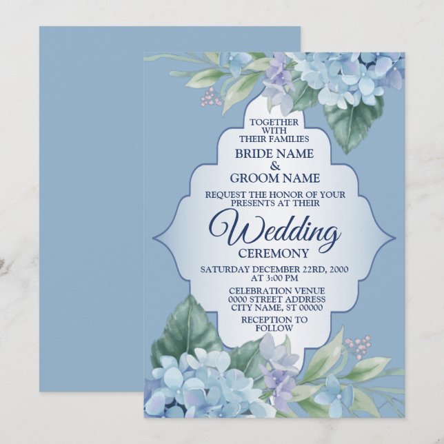 Blue Floral Green Leaves Frame Elegant Wedding Einladung (Vorne/Hinten)