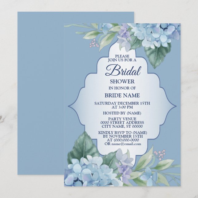 Blue Floral Green Leaves Wedding Bridal Shower Einladung (Vorne/Hinten)