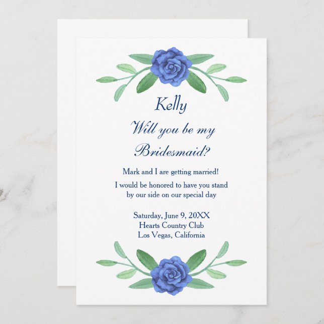 Blue Floral Greenerity Foliage Bridesmaid Card Einladung (Vorne/Hinten)