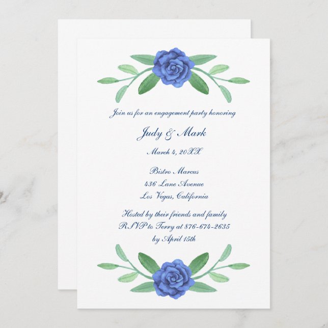 Blue Floral Greenerity Foliage Engagement Party Einladung (Vorne/Hinten)