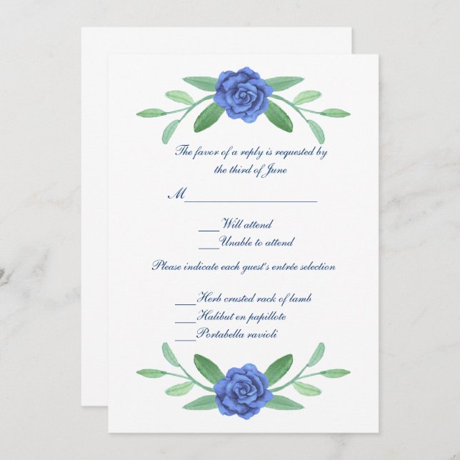 Blue Floral Greenerity Foliage Wedding Response Ca Einladung (Vorne/Hinten)