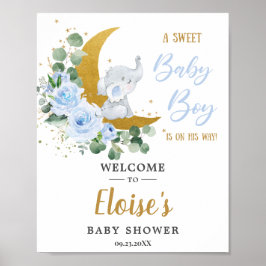 Blue Floral Greenery Elephant Baby Dusche Empfang Poster