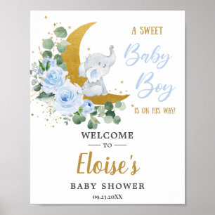 Blue Floral Greenery Elephant Baby Dusche Empfang Poster