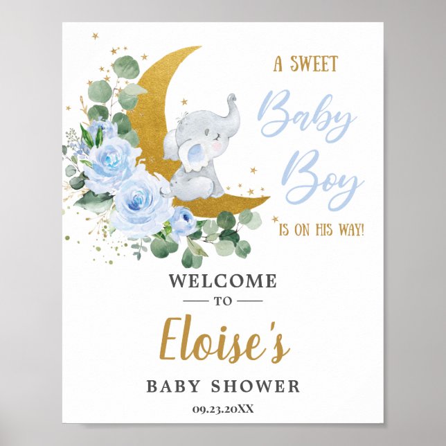 Blue Floral Greenery Elephant Baby Dusche Empfang Poster (Vorne)