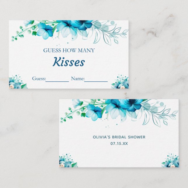 Blue Floral Guess Wie viele Kisses Bridal Game Begleitkarte (Vorne/Hinten)