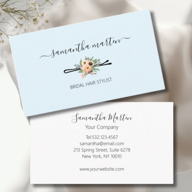 Blue Floral Hair Stylist Visitenkarte (Floral Hair Stylist Business Card)