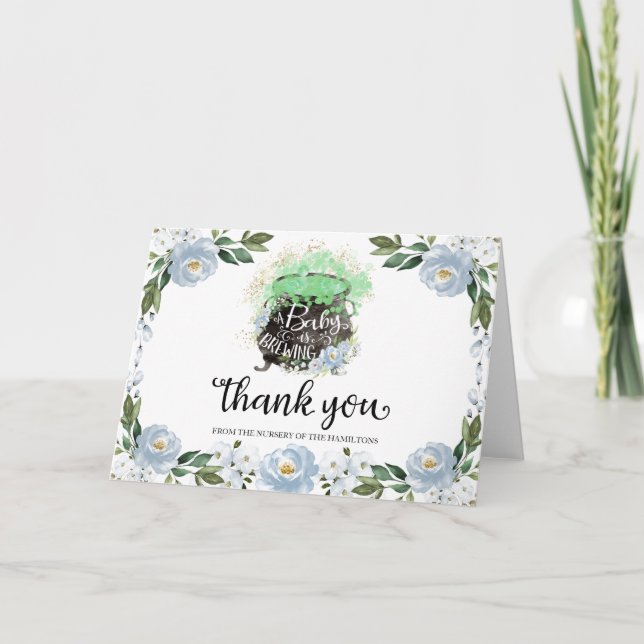 Blue Floral Halloween Baby Dusche Danke Karte (Vorderseite)